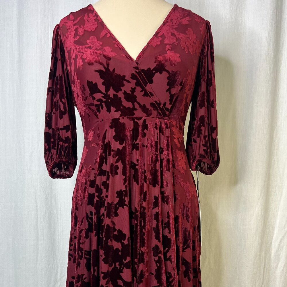 Calvin Klein Dark Red Burnout Velvet Overlap Tapered Hem Midi Dress Size 8